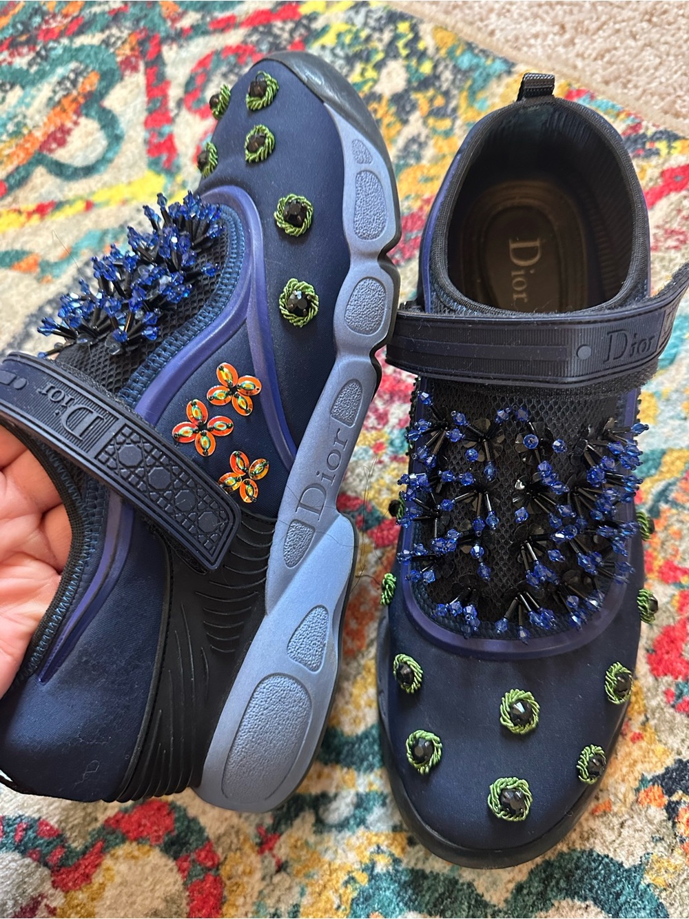 Dior Womens Navy Blue Sneakers with Multicolor Beading Size 11